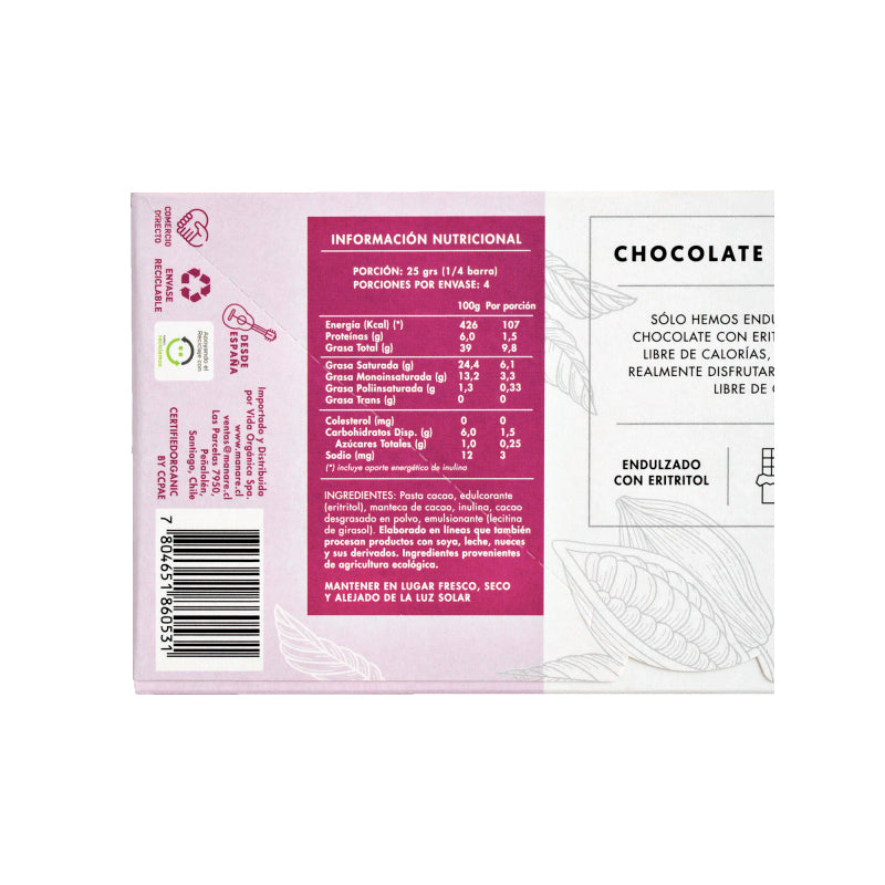 Barra de Chocolate Keto 62% 100g Manare